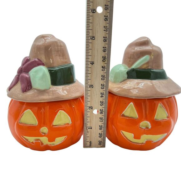 Halloween Decor Scarecrow Jack O Lantern Pair Handpainted Removeable Hat Signed - Picture 12 of 12